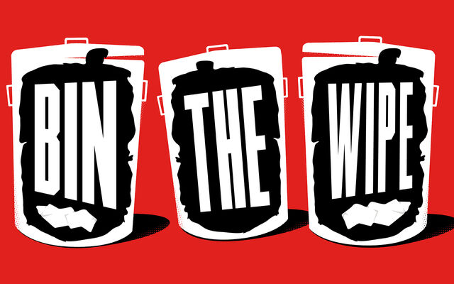 bold lettering of 'bin the wipe' inside bins, with bright red backdrop