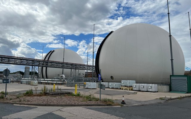 Two spherical buildings on a treatment site for recycling sewage