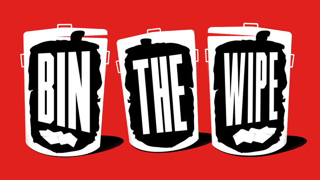 bold lettering of 'bin the wipe' inside bins, with bright red backdrop
