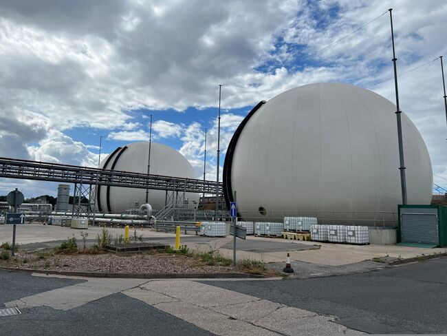 Two spherical buildings on a treatment site for recycling sewage