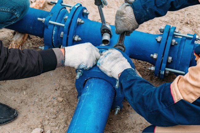 A close up of workers installing a new pipe