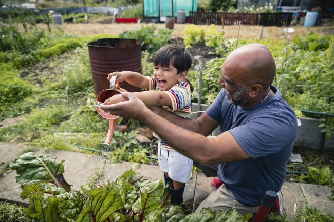 An adult and child using a watering can together